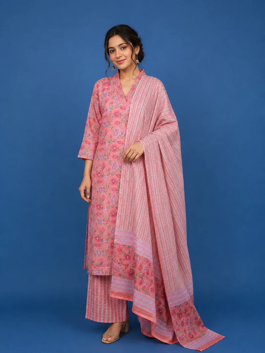 Pink Floral Printed Cotton Salwar Suit with Striped Dupatta
